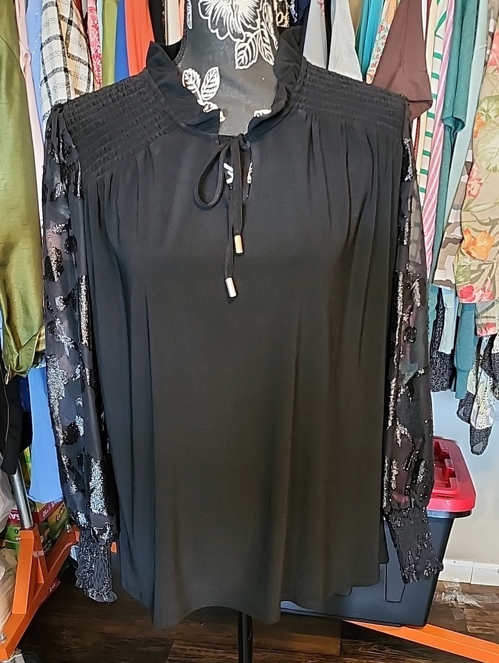 Anne Klein Black Blouson Top with Sequin Accent Sleeves